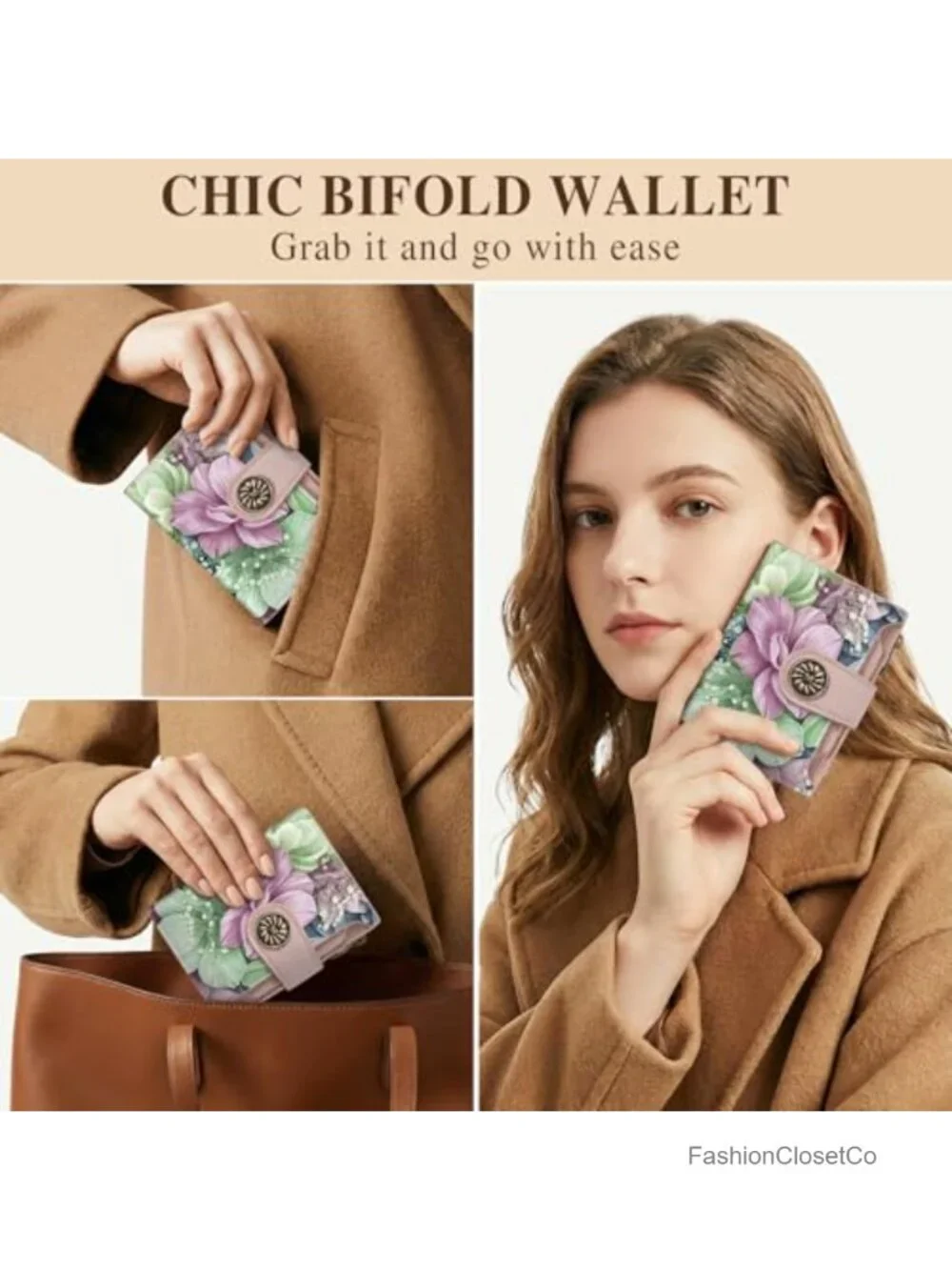 RFID Blocking Small Bifold Wallet Floral PU Leather Credit Card Holder